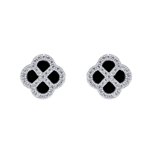 Silver  CZ Onyx Clover Kiss Stud Earrings 11mm - 8-59-1919