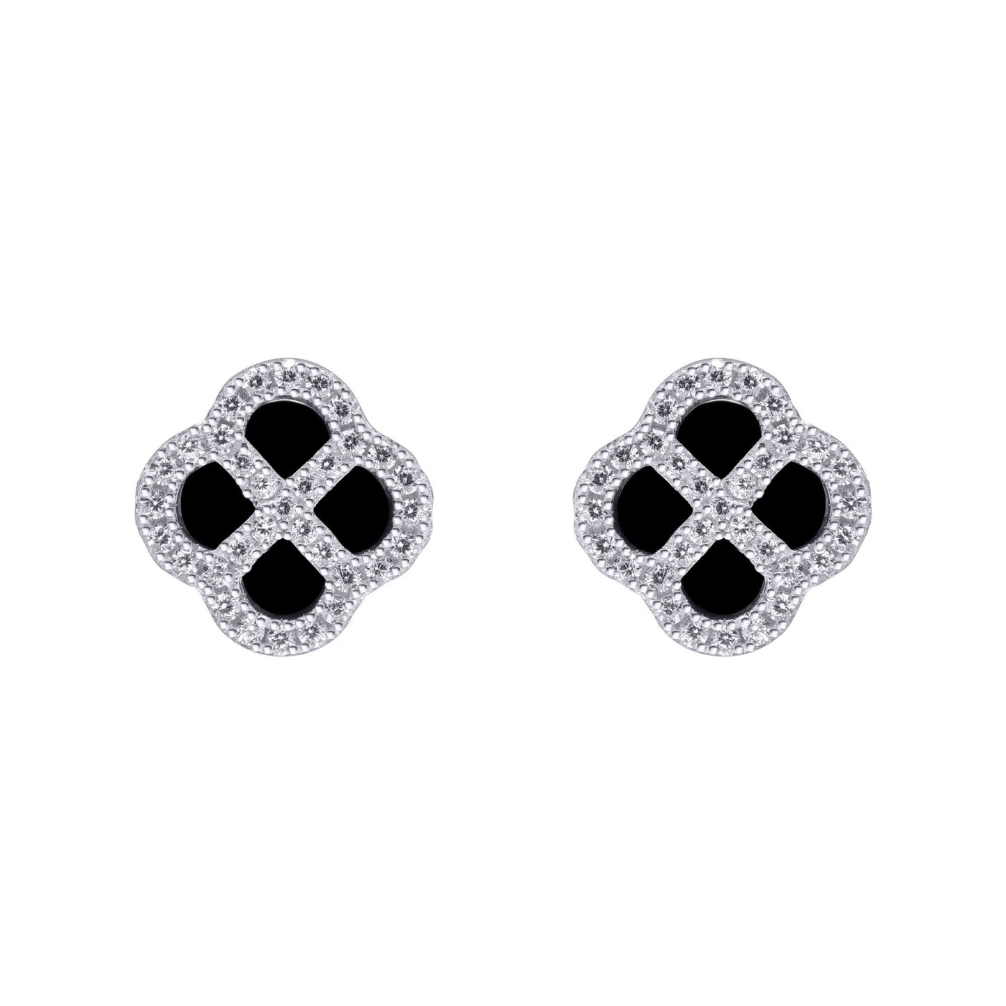 Silver  CZ Onyx Clover Kiss Stud Earrings 11mm - 8-59-1919