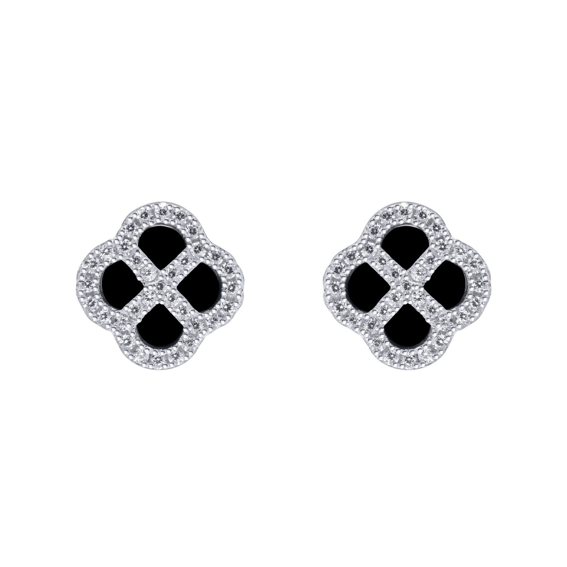 Silver  CZ Onyx Clover Kiss Stud Earrings 11mm - 8-59-1919