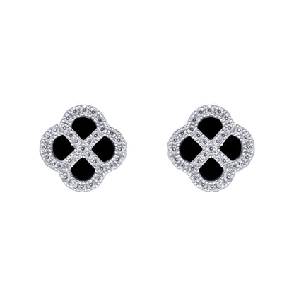 Silver  CZ Onyx Clover Kiss Stud Earrings 11mm - 8-59-1919