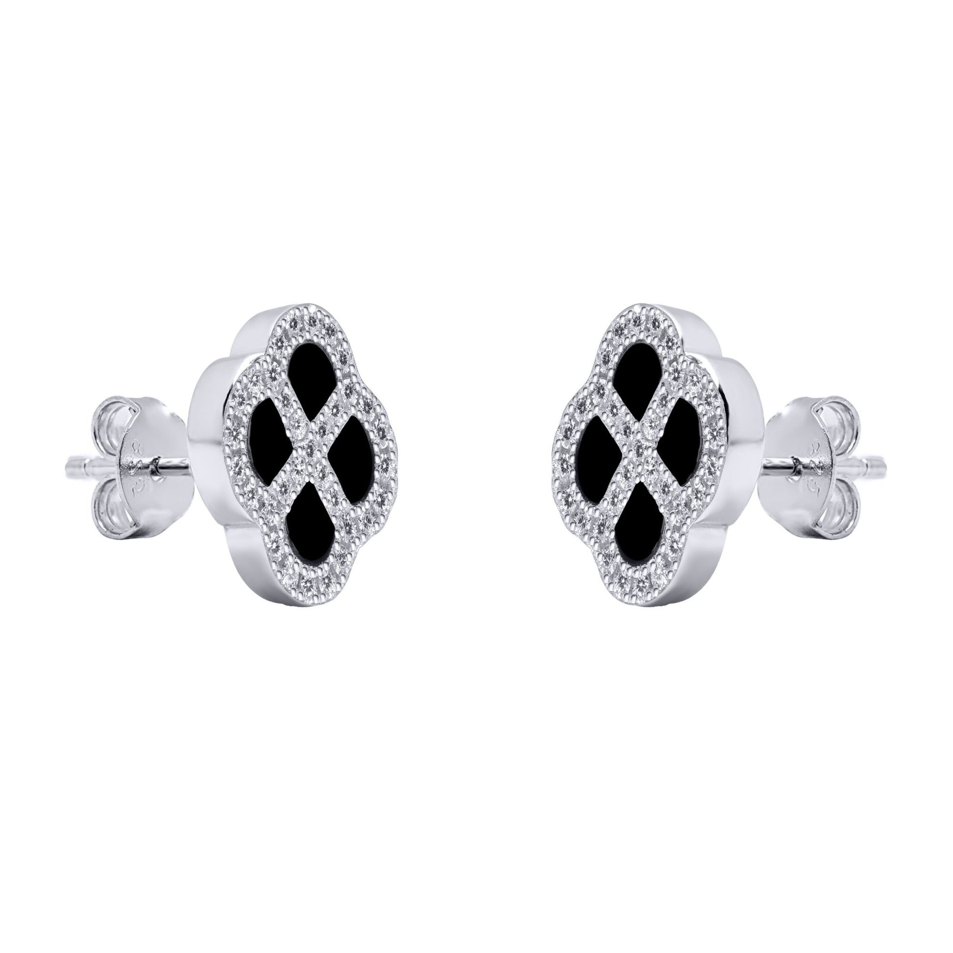 Silver  CZ Onyx Clover Kiss Stud Earrings 11mm - 8-59-1919