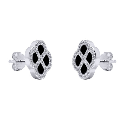 Silver  CZ Onyx Clover Kiss Stud Earrings 11mm - 8-59-1919