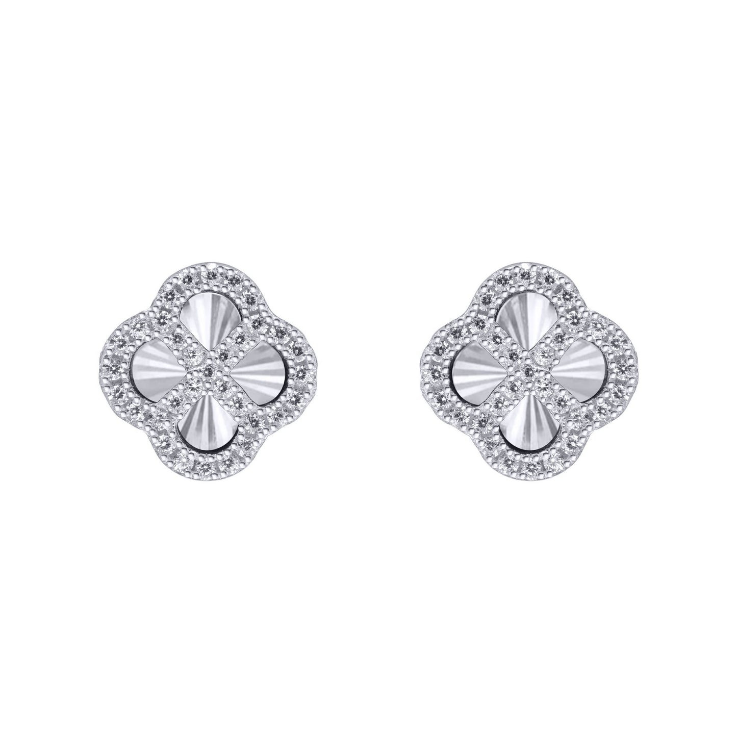 Silver  CZ Fluted Disc Clover Kiss Stud Earrings 11mm - 8-59-1920