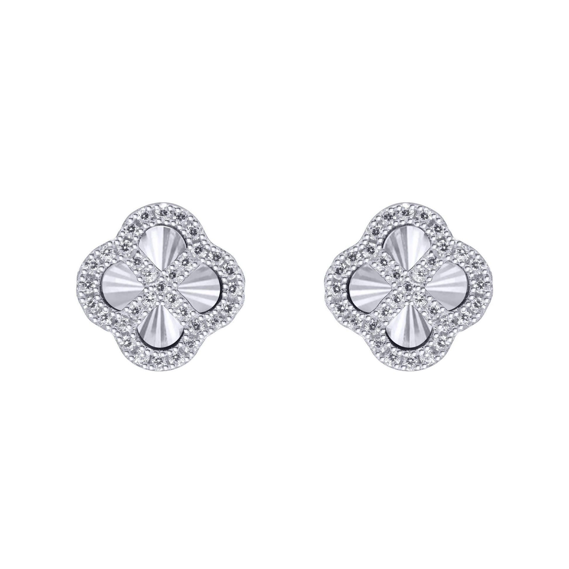 Silver  CZ Fluted Disc Clover Kiss Stud Earrings 11mm - 8-59-1920