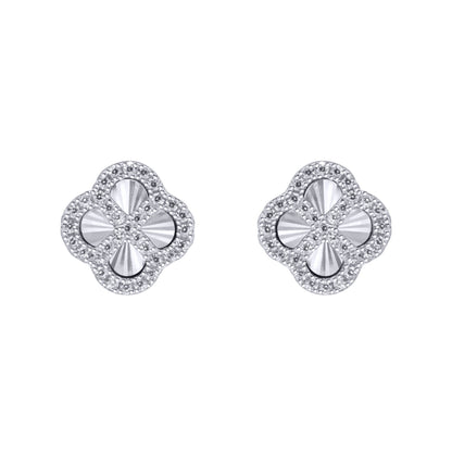 Silver  CZ Fluted Disc Clover Kiss Stud Earrings 11mm - 8-59-1920
