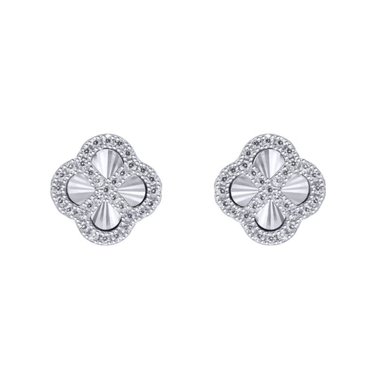 Silver  CZ Fluted Disc Clover Kiss Stud Earrings 11mm - 8-59-1920