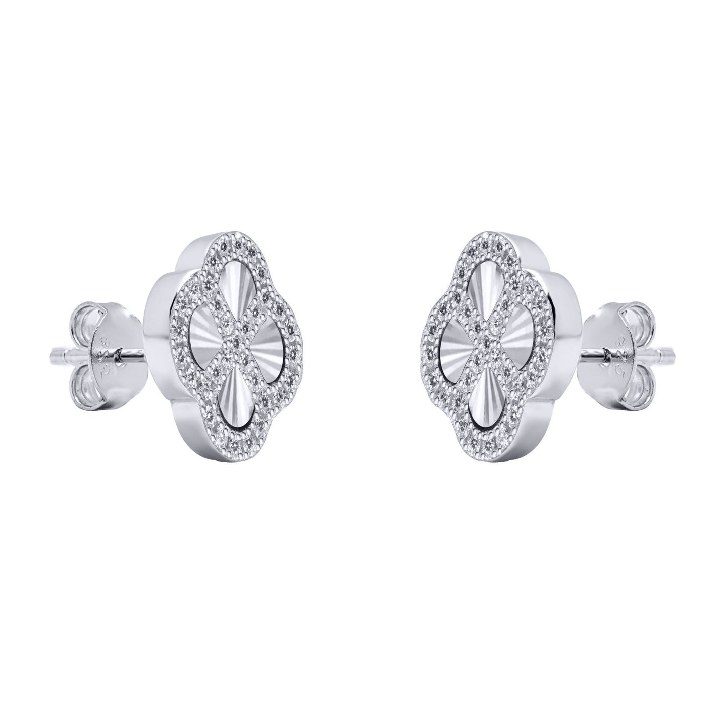 Silver  CZ Fluted Disc Clover Kiss Stud Earrings 11mm - 8-59-1920