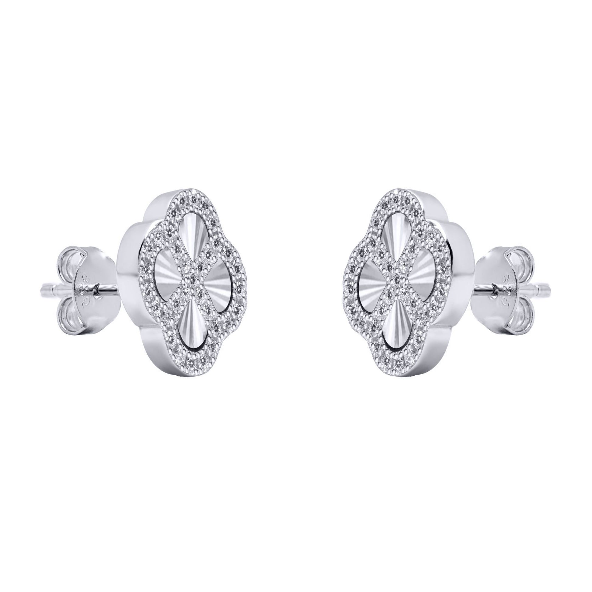 Silver  CZ Fluted Disc Clover Kiss Stud Earrings 11mm - 8-59-1920