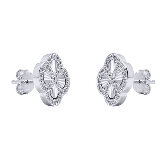 Silver  CZ Fluted Disc Clover Kiss Stud Earrings 11mm - 8-59-1920