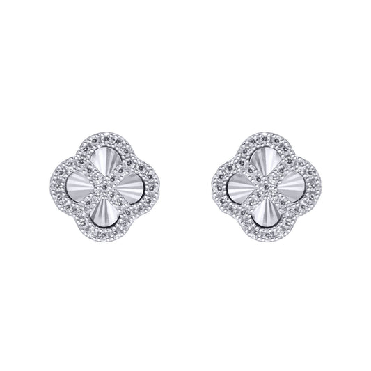 Silver  CZ Fluted Disc Clover Kiss Stud Earrings 11mm - 8-59-1920