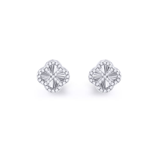 Silver  CZ Starburst 4 Leaf Clover Stud Earrings 11mm - 8-59-1920