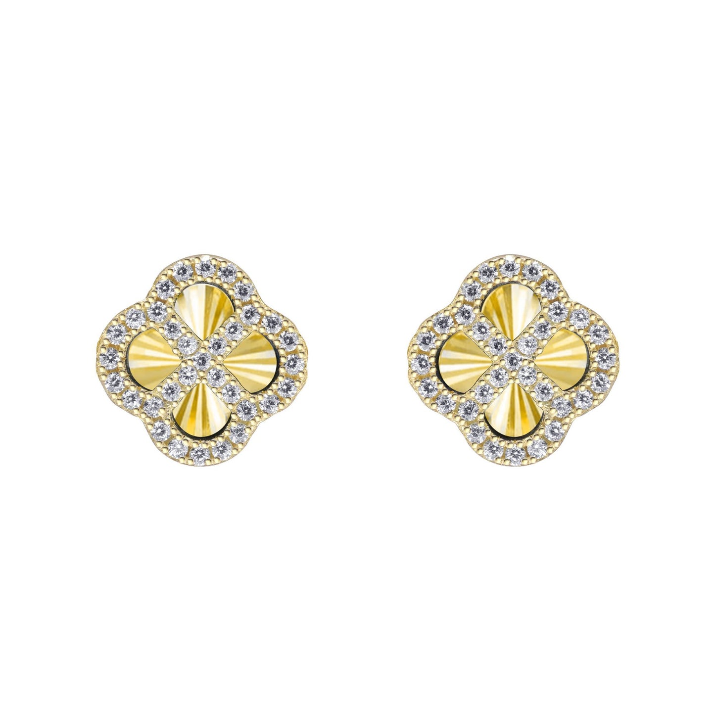 Gold-plated Silver  CZ Fluted Disc Clover Kiss Stud Earrings 11mm - 8-59-1921