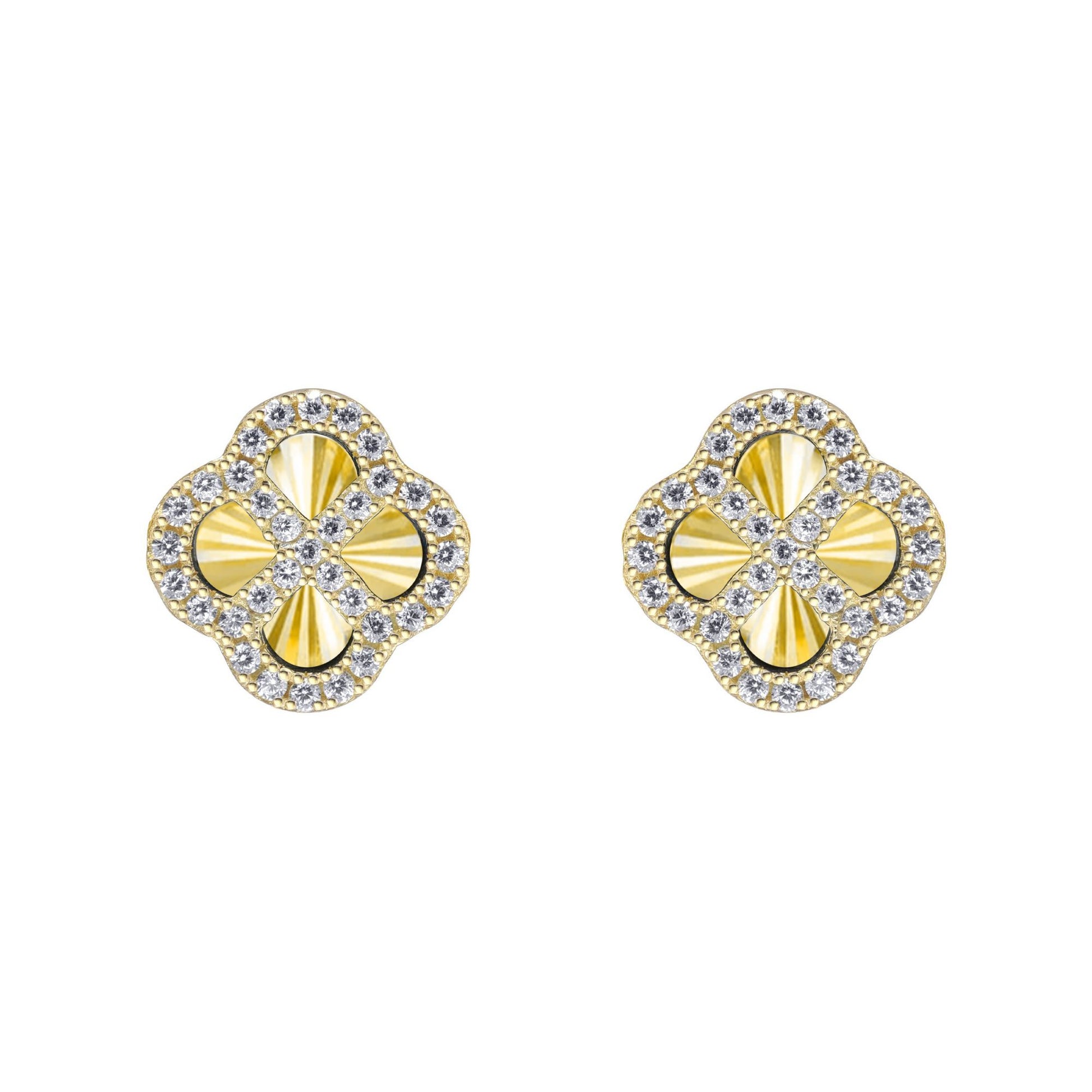 Gold-plated Silver  CZ Fluted Disc Clover Kiss Stud Earrings 11mm - 8-59-1921