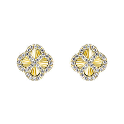 Gold-plated Silver  CZ Fluted Disc Clover Kiss Stud Earrings 11mm - 8-59-1921