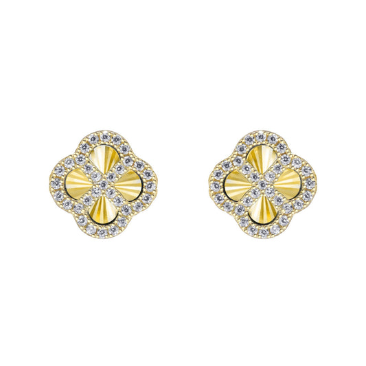 Gold-plated Silver  CZ Fluted Disc Clover Kiss Stud Earrings 11mm - 8-59-1921