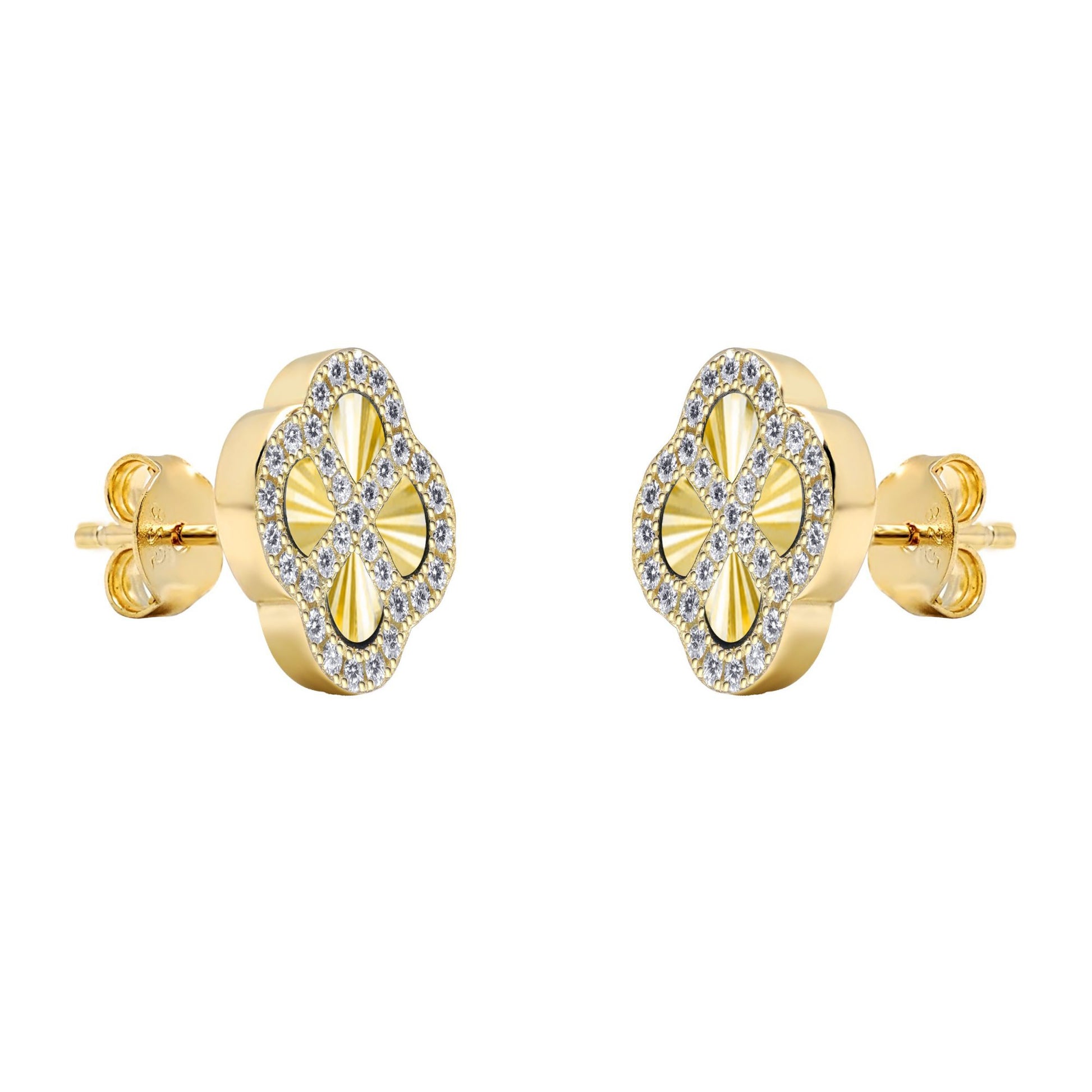 Gold-plated Silver  CZ Fluted Disc Clover Kiss Stud Earrings 11mm - 8-59-1921
