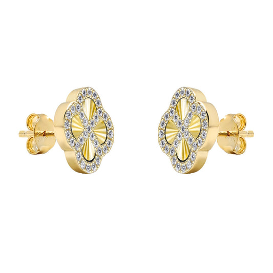 Gold-plated Silver  CZ Fluted Disc Clover Kiss Stud Earrings 11mm - 8-59-1921