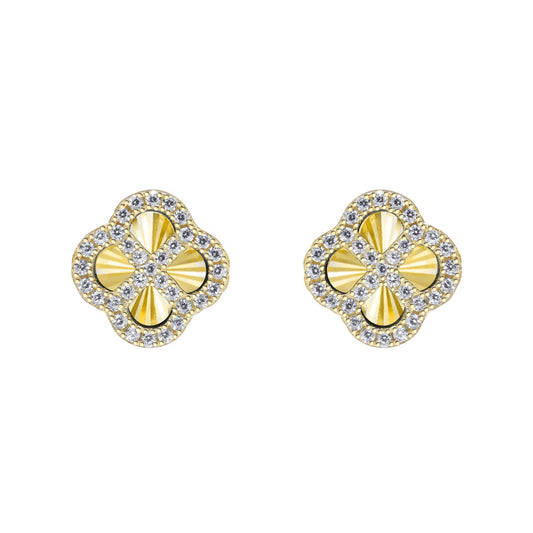 Gold-plated Silver  CZ Fluted Disc Clover Kiss Stud Earrings 11mm - 8-59-1921