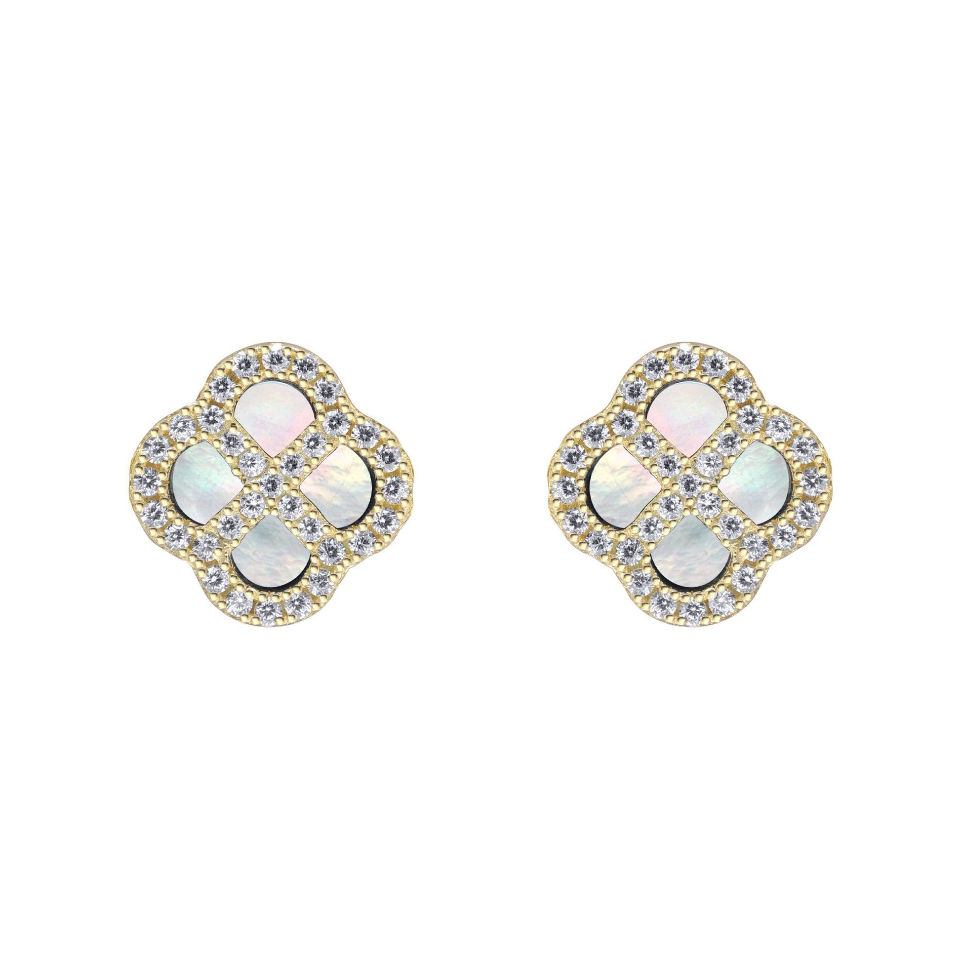 Gold-plated Silver  CZ Mother o'Pearl Clover Kiss Stud Earrings - 8-59-1922