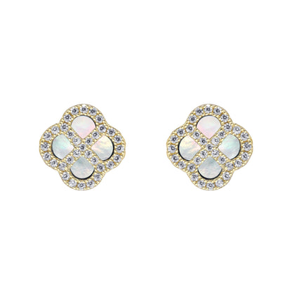 Gold-plated Silver  CZ Mother o'Pearl Clover Kiss Stud Earrings - 8-59-1922