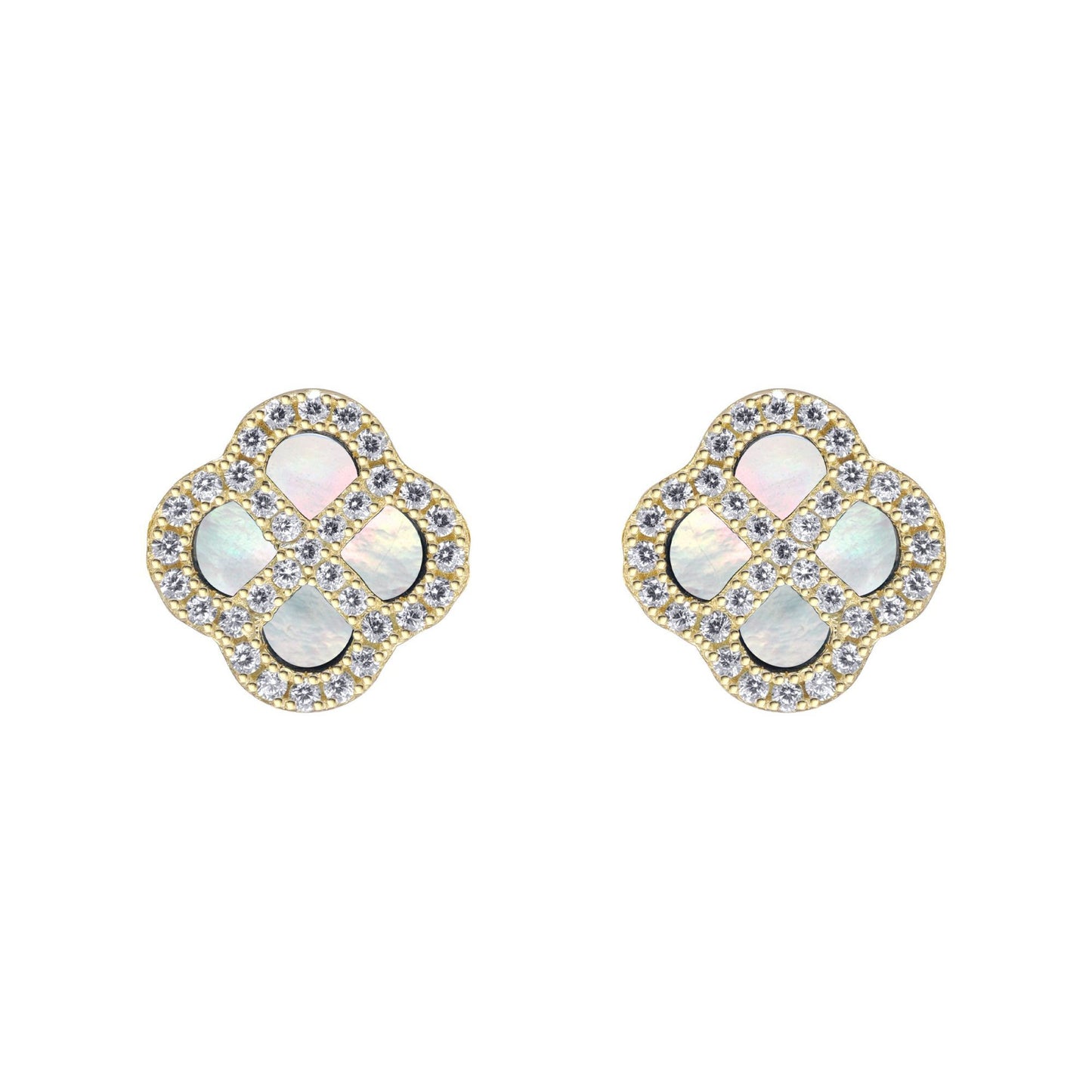 Gold-plated Silver  CZ Mother o'Pearl Clover Kiss Stud Earrings - 8-59-1922