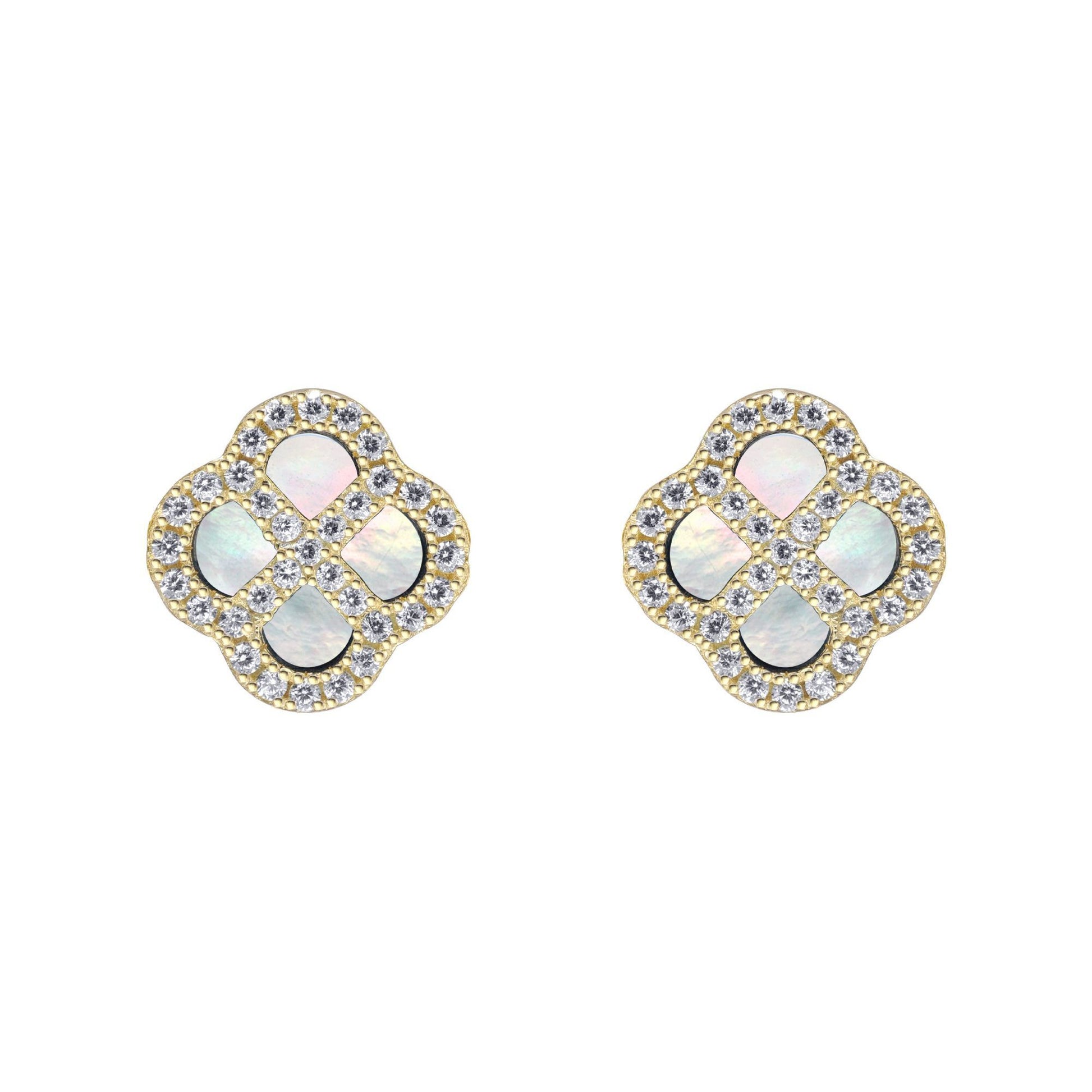 Gold-plated Silver  CZ Mother o'Pearl Clover Kiss Stud Earrings - 8-59-1922
