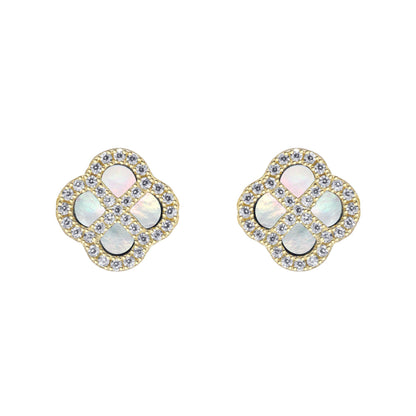 Gold-plated Silver  CZ Mother o'Pearl Clover Kiss Stud Earrings - 8-59-1922
