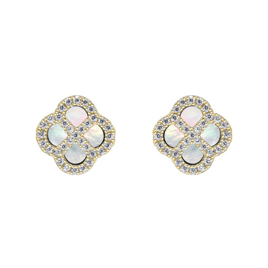 Gold-plated Silver  CZ Mother o'Pearl Clover Kiss Stud Earrings - 8-59-1922