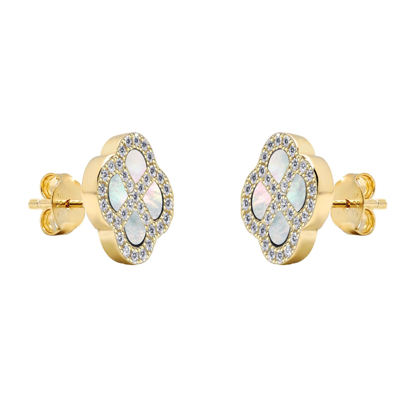 Gold-plated Silver  CZ Mother o'Pearl Clover Kiss Stud Earrings - 8-59-1922