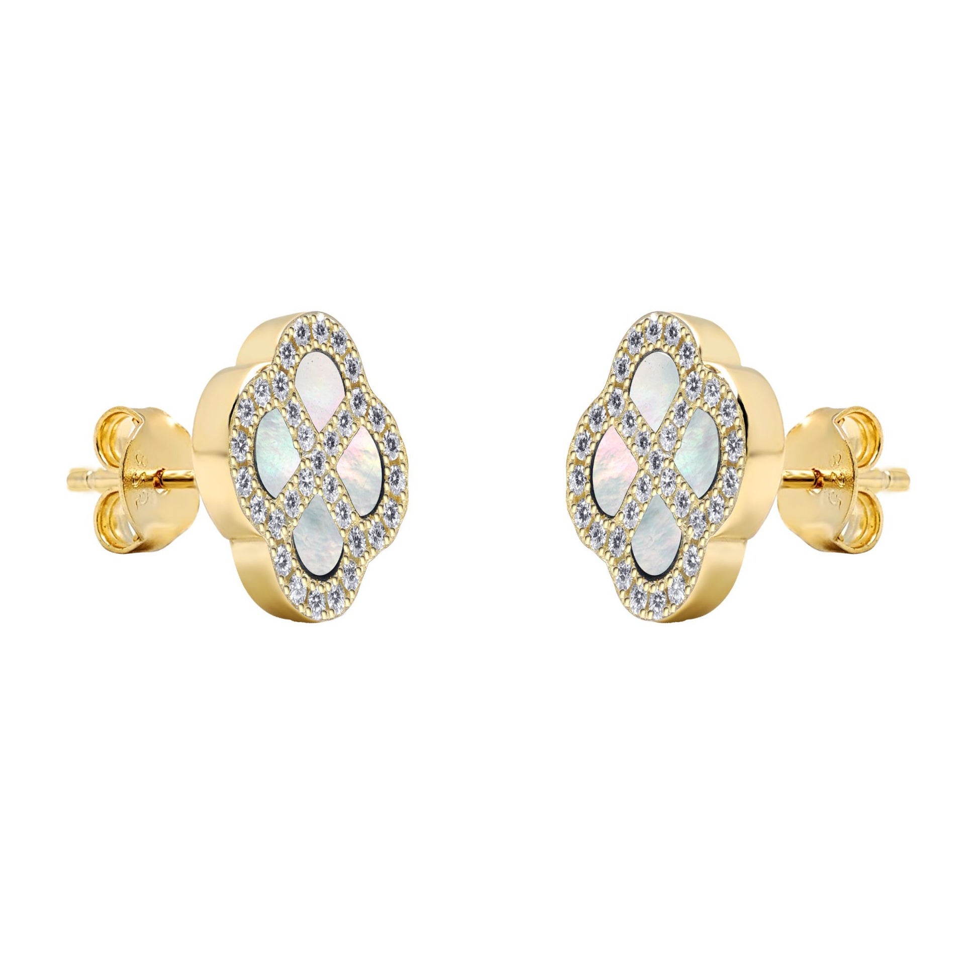 Gold-plated Silver  CZ Mother o'Pearl Clover Kiss Stud Earrings - 8-59-1922