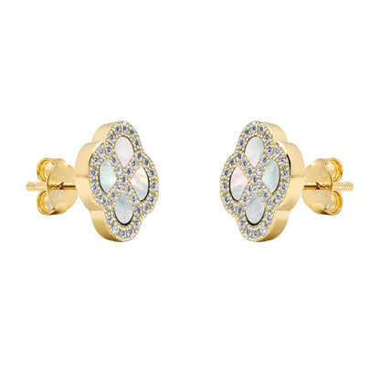 Gold-plated Silver  CZ Mother o'Pearl Clover Kiss Stud Earrings - 8-59-1922