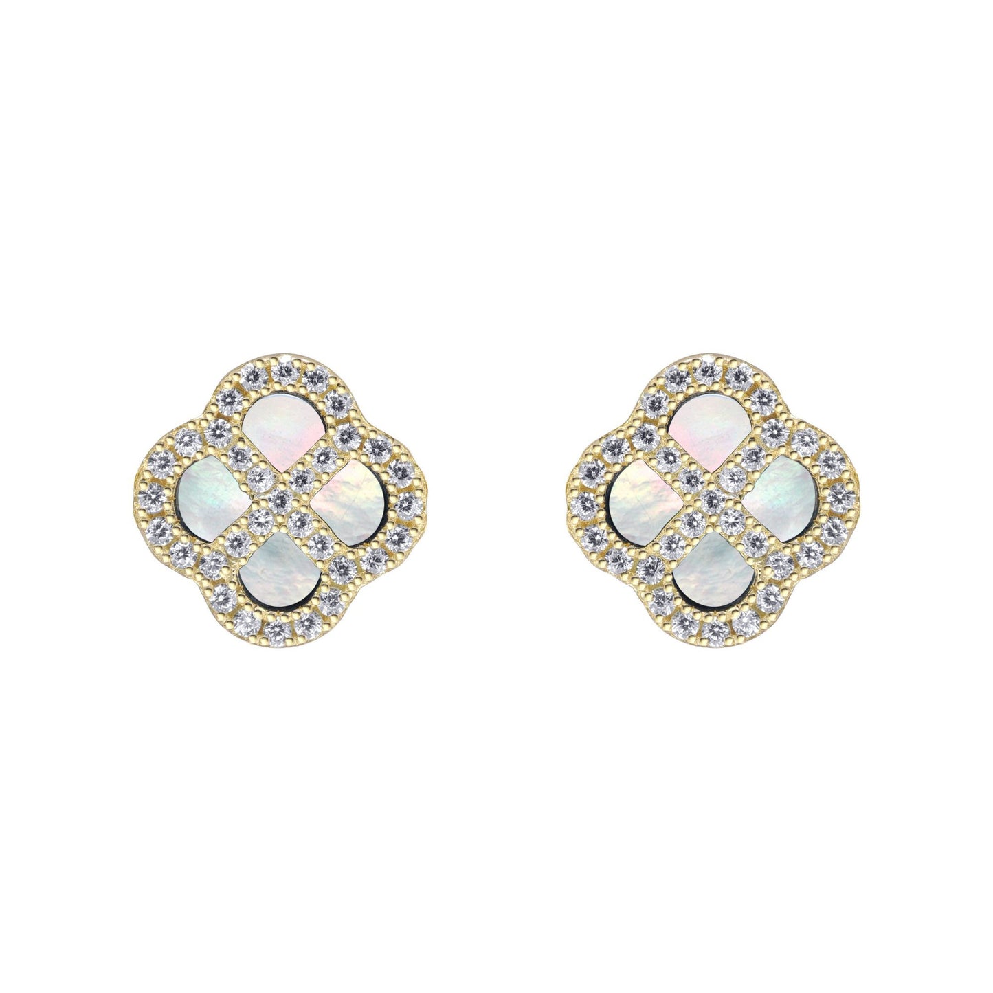 Gold-plated Silver  CZ Mother o'Pearl Clover Kiss Stud Earrings - 8-59-1922