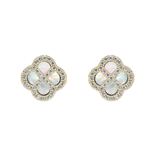 Gold-plated Silver  CZ Mother o'Pearl Clover Kiss Stud Earrings - 8-59-1922