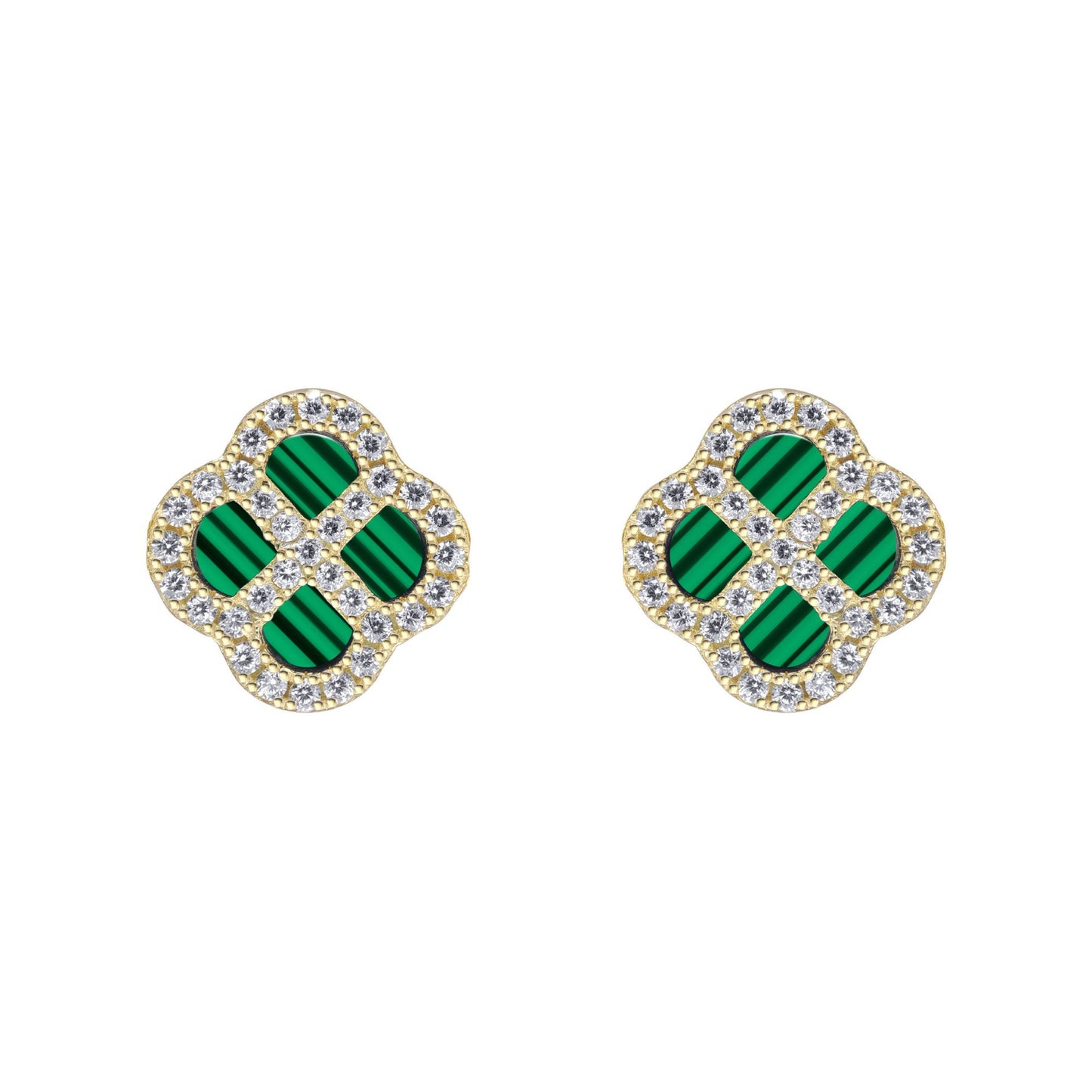 Gold-plated Silver  CZ Malachite Clover Kiss Stud Earrings 11mm - 8-59-1923