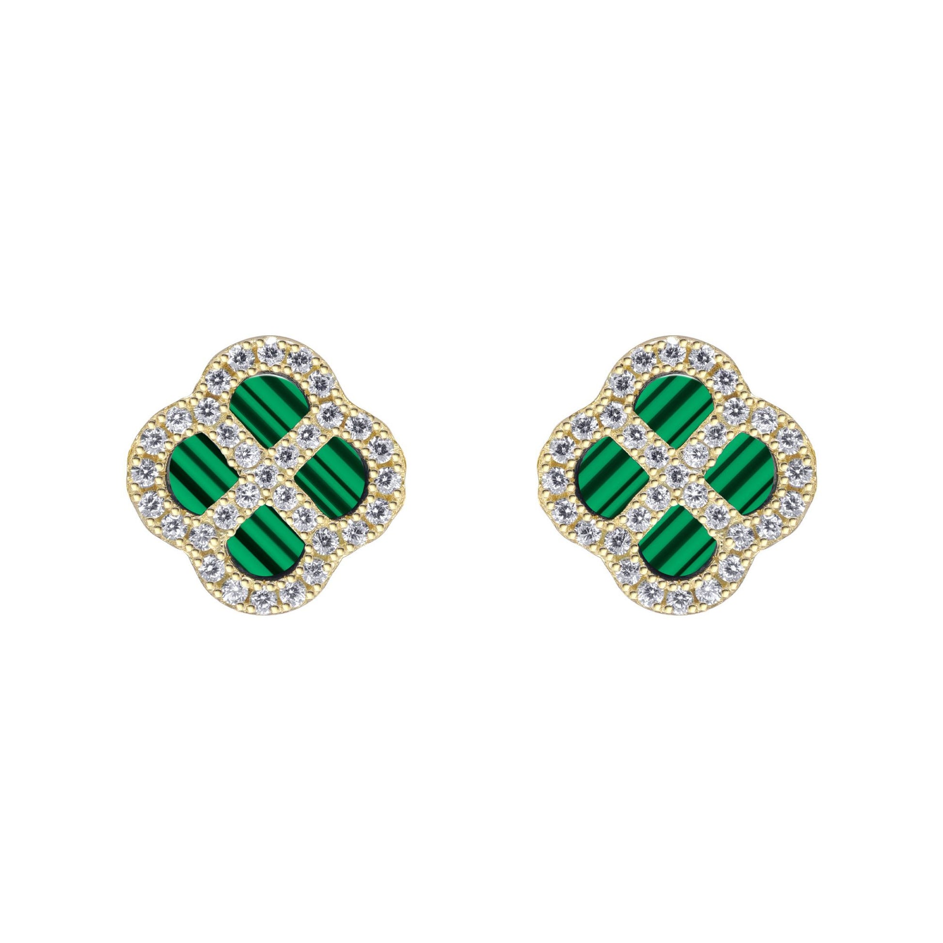 Gold-plated Silver  CZ Malachite Clover Kiss Stud Earrings 11mm - 8-59-1923