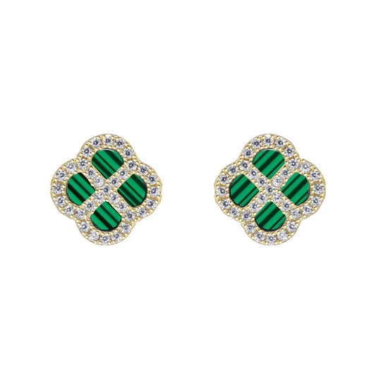 Gold-plated Silver  CZ Malachite Clover Kiss Stud Earrings 11mm - 8-59-1923