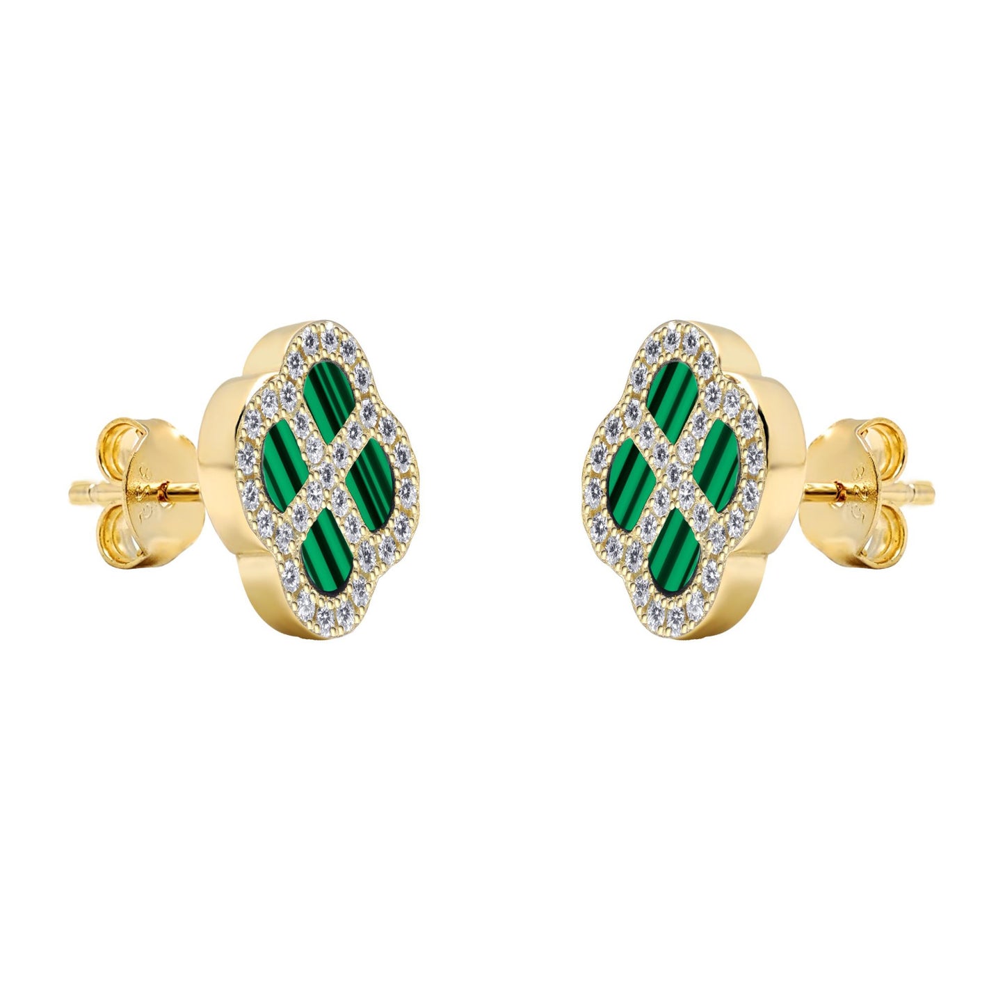 Gold-plated Silver  CZ Malachite Clover Kiss Stud Earrings 11mm - 8-59-1923