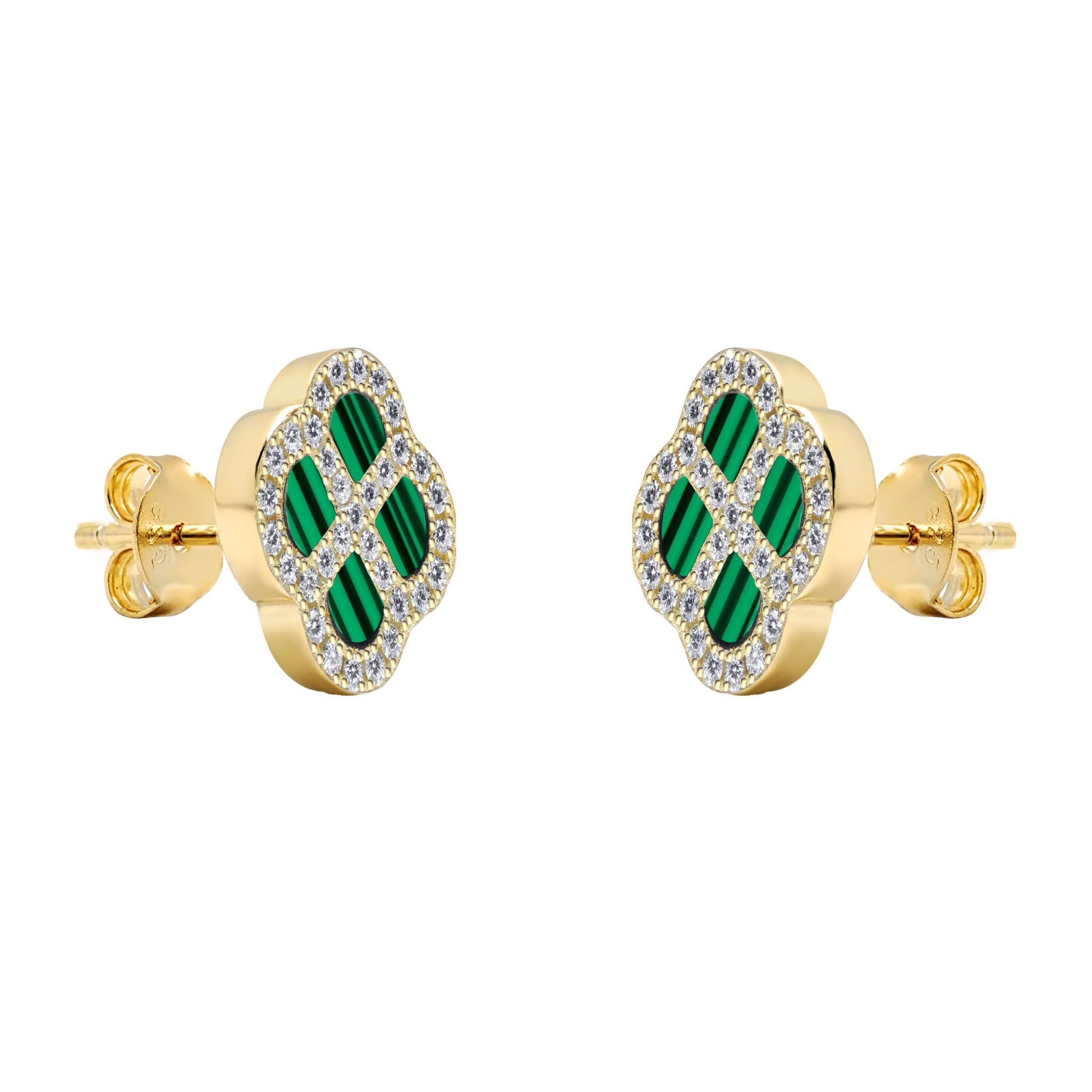 Gold-plated Silver  CZ Malachite Clover Kiss Stud Earrings 11mm - 8-59-1923