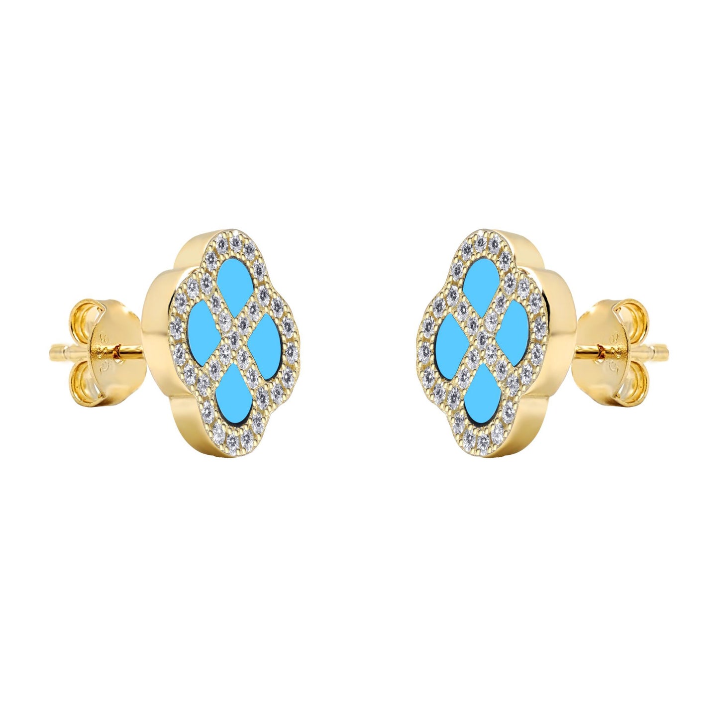 Gold-plated Silver  CZ Turquoise Clover Kiss Stud Earrings 11mm - 8-59-1924