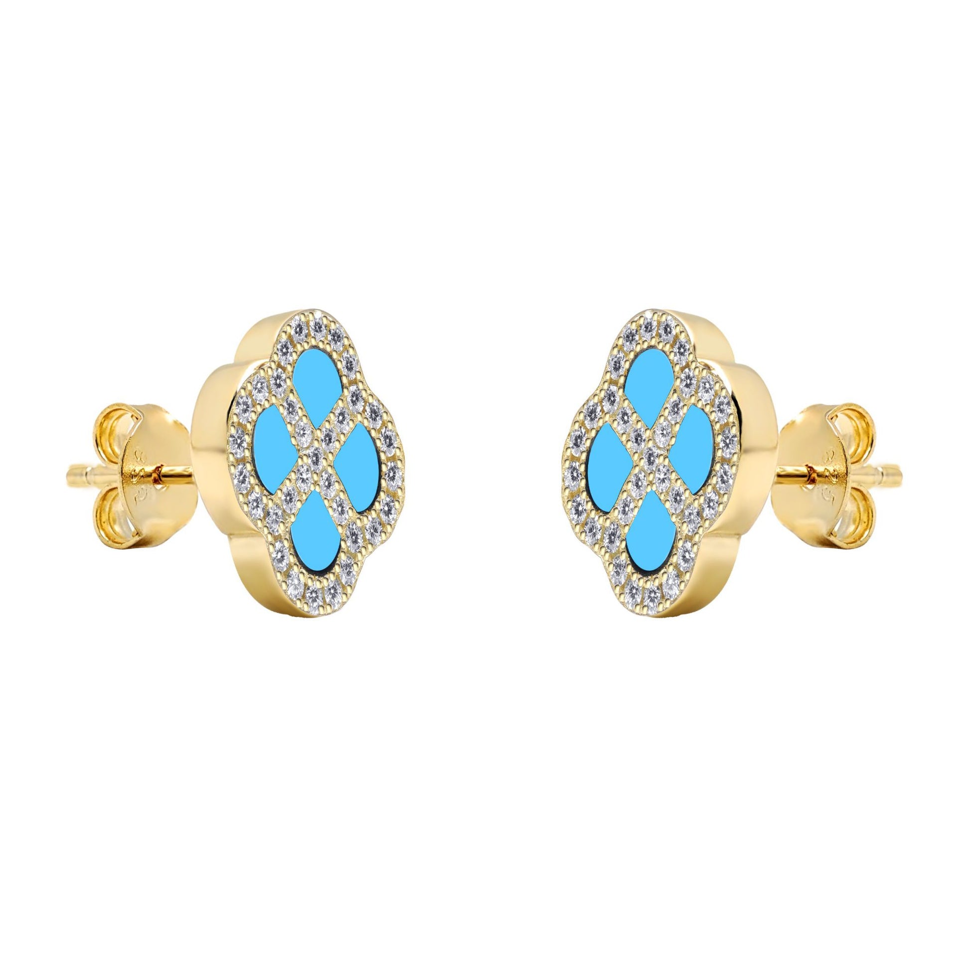 Gold-plated Silver  CZ Turquoise Clover Kiss Stud Earrings 11mm - 8-59-1924