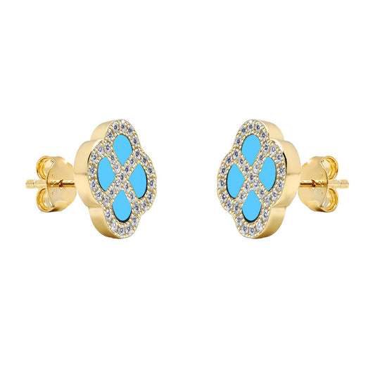 Gold-plated Silver  CZ Turquoise Clover Kiss Stud Earrings 11mm - 8-59-1924