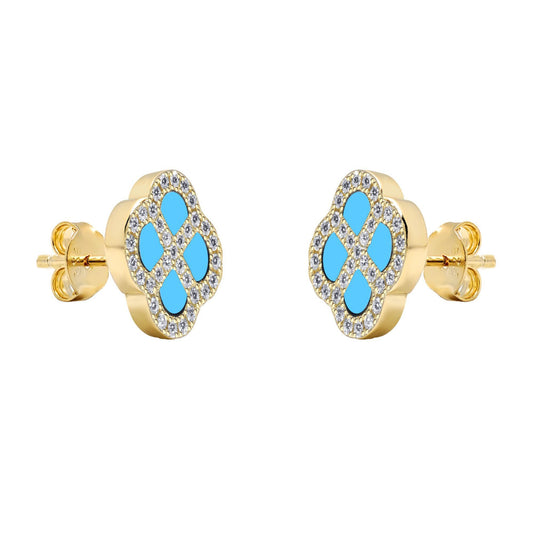 Gold-plated Silver  CZ Turquoise Clover Kiss Stud Earrings 11mm - 8-59-1924