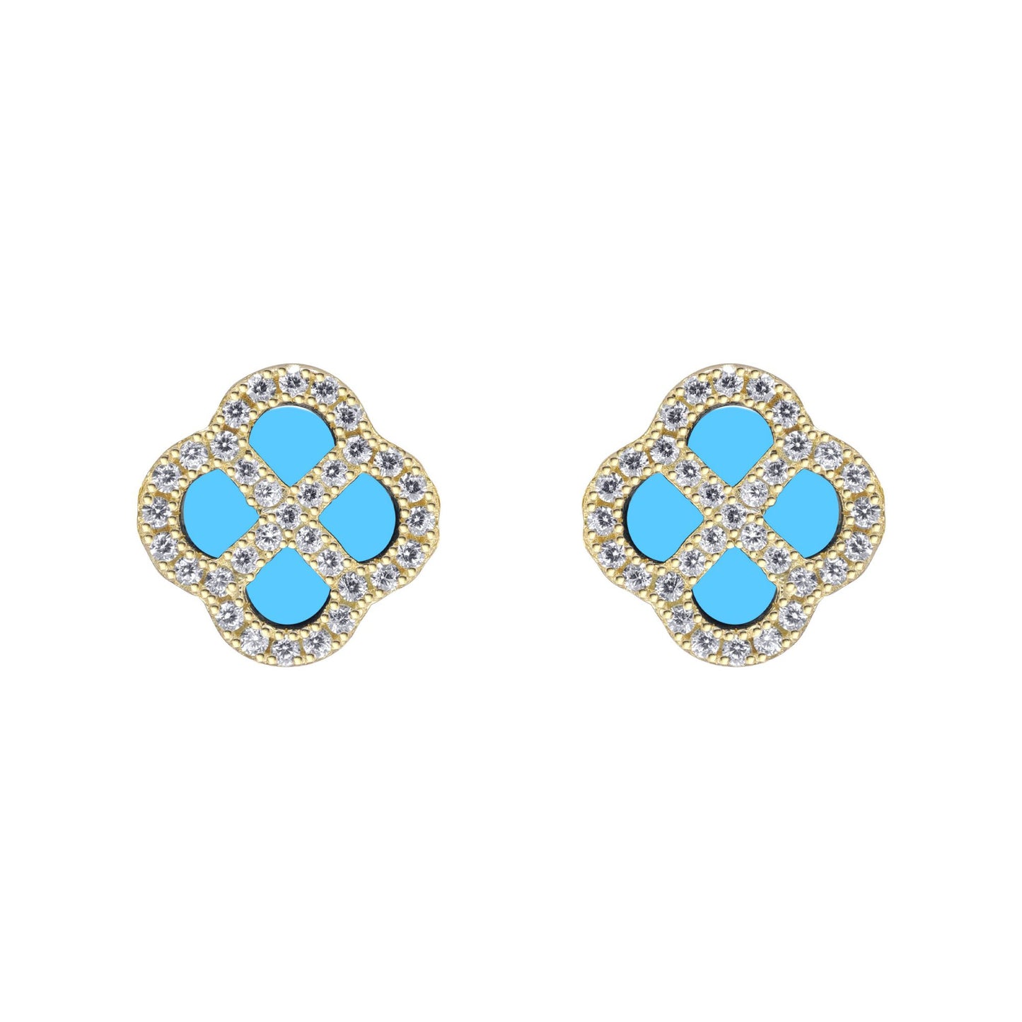 Gold-plated Silver  CZ Turquoise Clover Kiss Stud Earrings 11mm - 8-59-1924
