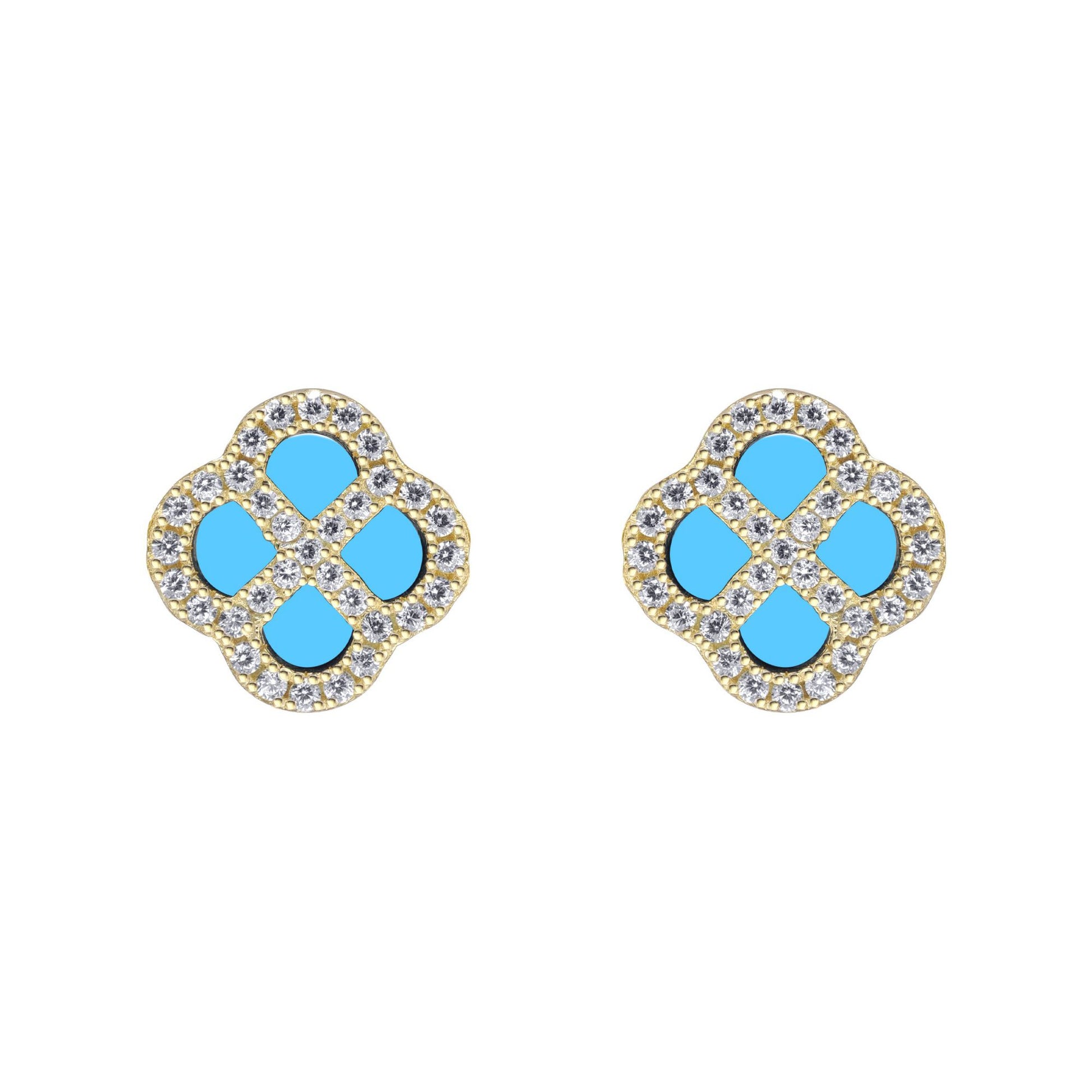 Gold-plated Silver  CZ Turquoise Clover Kiss Stud Earrings 11mm - 8-59-1924