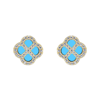 Gold-plated Silver  CZ Turquoise Clover Kiss Stud Earrings 11mm - 8-59-1924