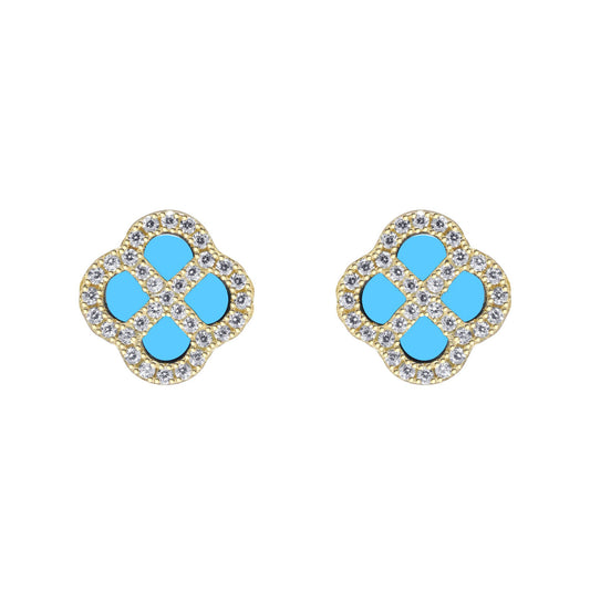 Gold-plated Silver  CZ Turquoise Clover Kiss Stud Earrings 11mm - 8-59-1924