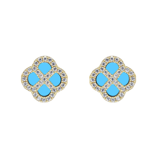 Gold-plated Silver  CZ Turquoise Clover Kiss Stud Earrings 11mm - 8-59-1924
