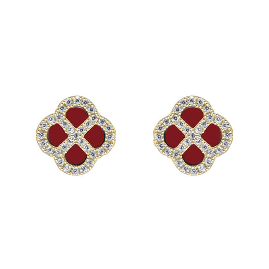 Gold-plated Silver  CZ Red Agate Clover Kiss Stud Earrings 11mm - 8-59-1925