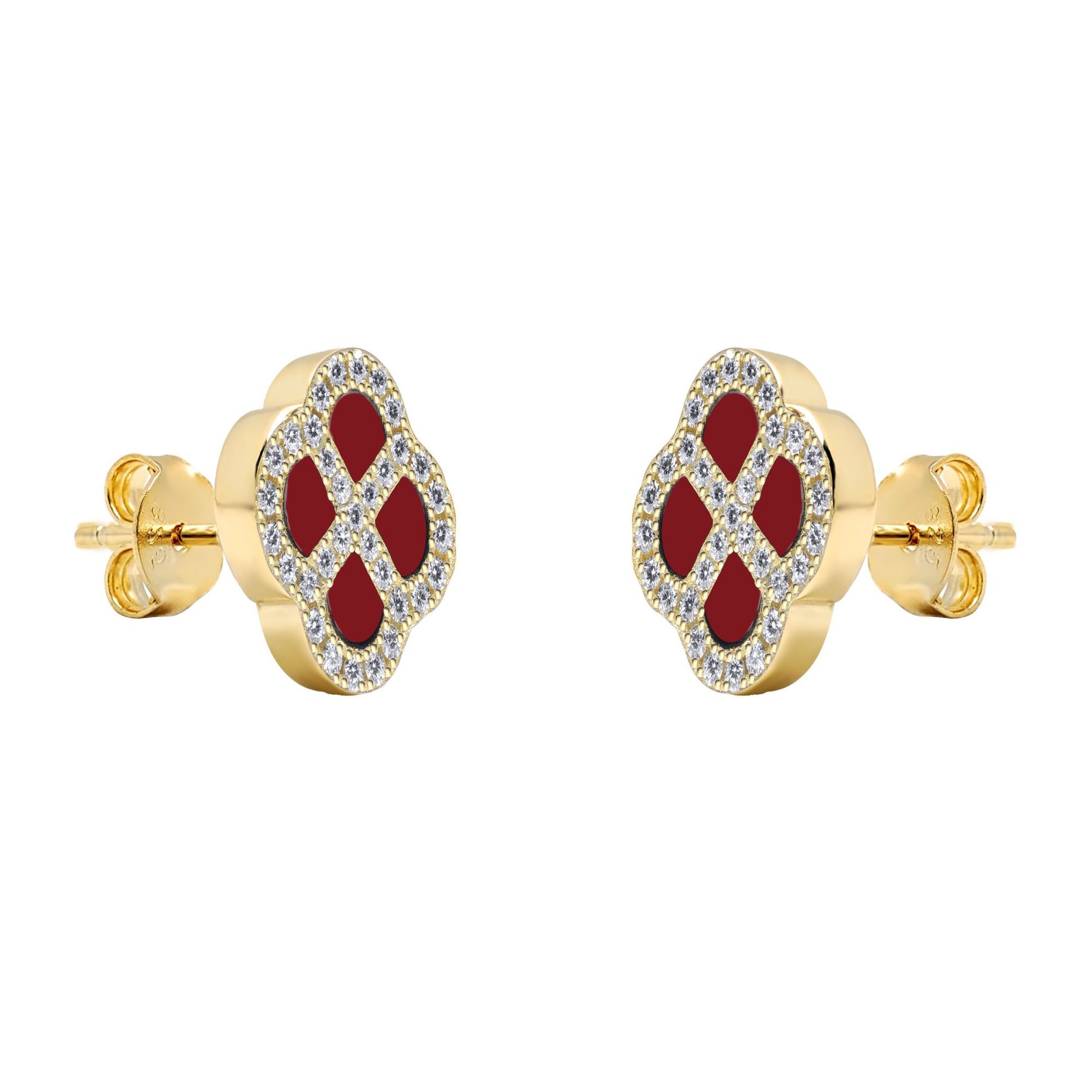 Gold-plated Silver  CZ Red Agate Clover Kiss Stud Earrings 11mm - 8-59-1925