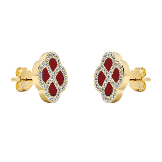Gold-plated Silver  CZ Red Agate Clover Kiss Stud Earrings 11mm - 8-59-1925